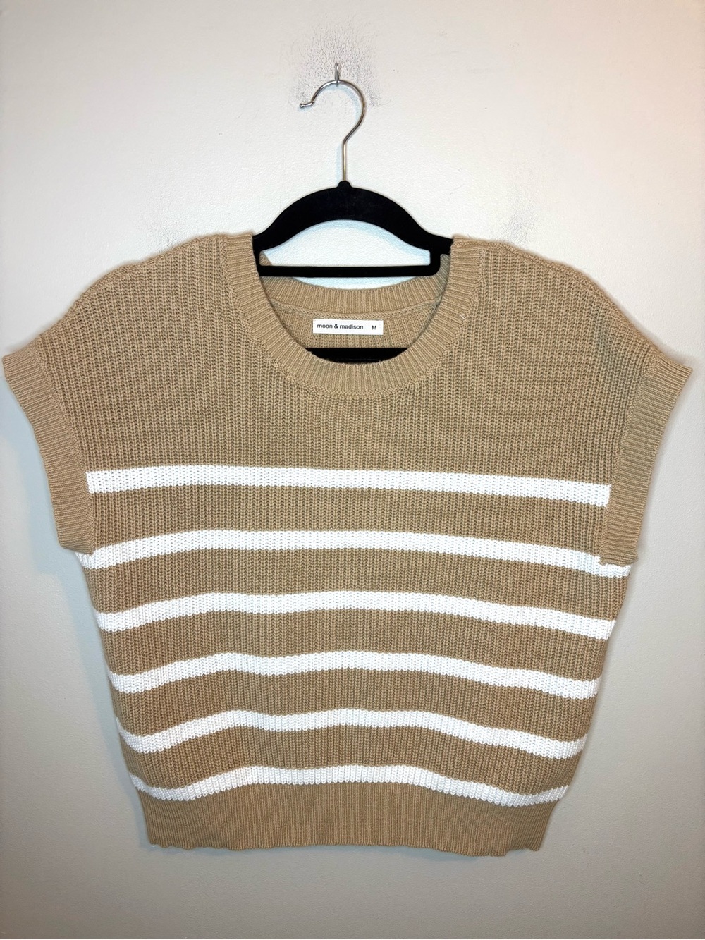 Moon & Madison M Tan Ivory Striped Knit Sweater Vest Preppy Coastal
